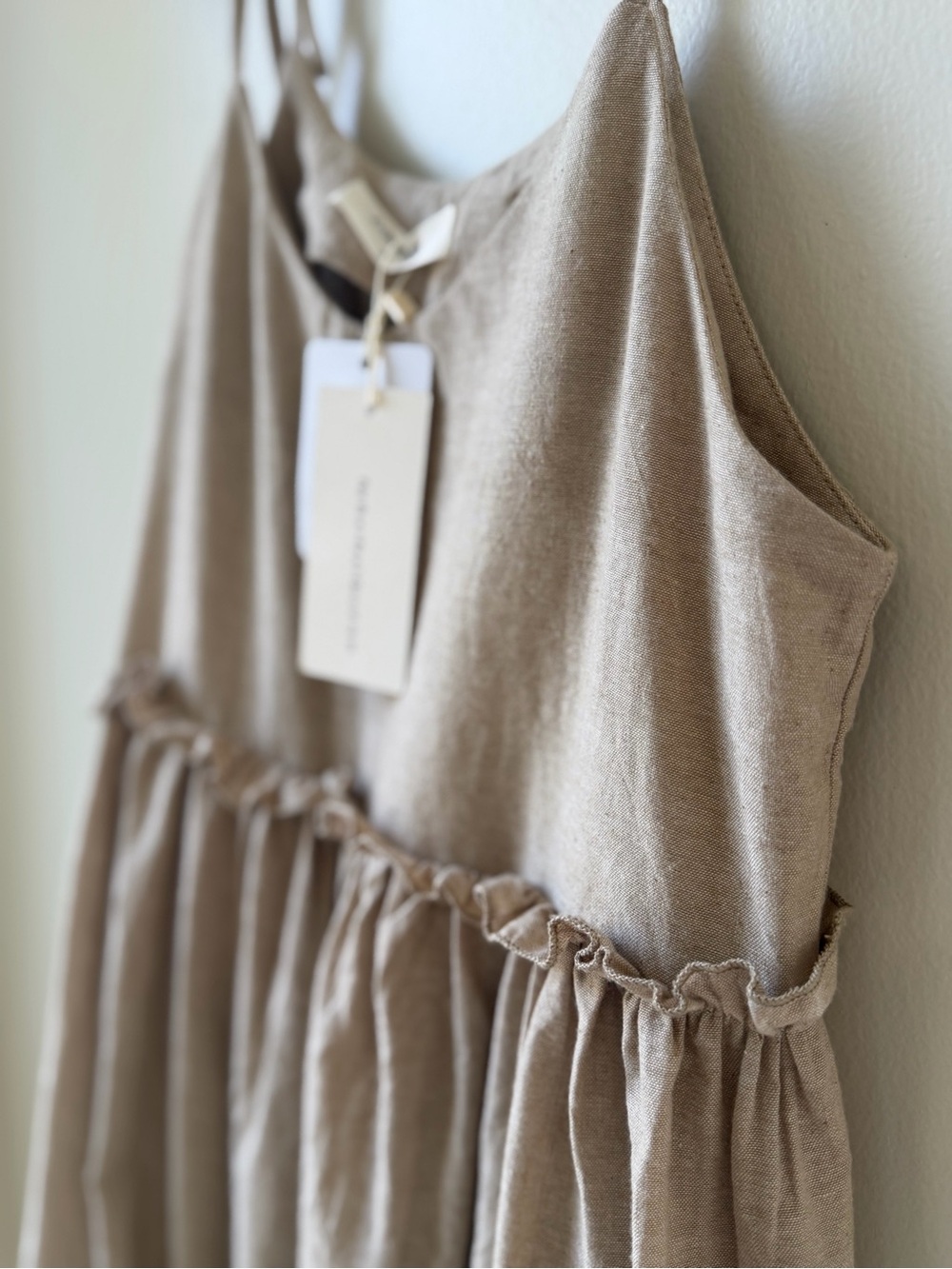 NWT Commense Size Small Cotton Linen Tie-Shoulder Mini Dress in Beige Tan Ruffle - Picture 14 of 15